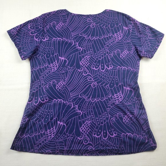 NRG Blue and Purple Feather Floral Print Scrub Top by Barco - Large - Picture 6 of 9